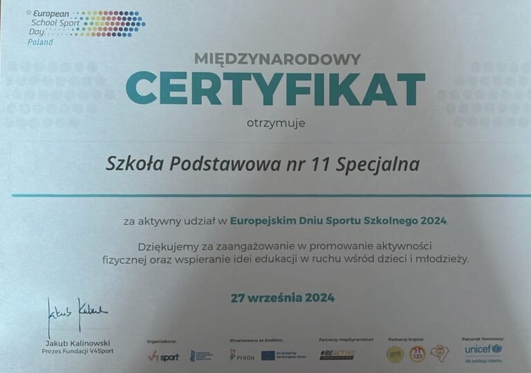 Międzynarodowy Certyfikat za&nbsp;udział w&nbsp;Europejskim Dniu Sportu Szkolnego 2024
